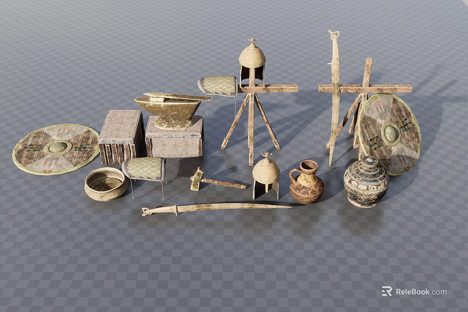 Ancient Industrial Equipment Collection Including Shields Helmets Pottery Jars Tripods And Millstones 3d model 