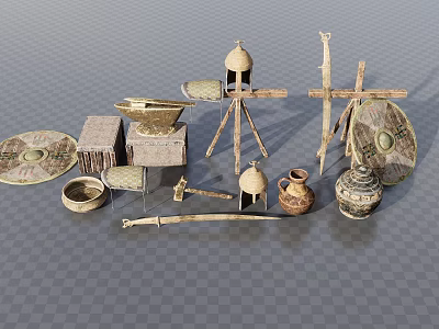 Ancient Industrial Equipment Collection Including Shields Helmets Pottery Jars Tripods And Millstones 3d model