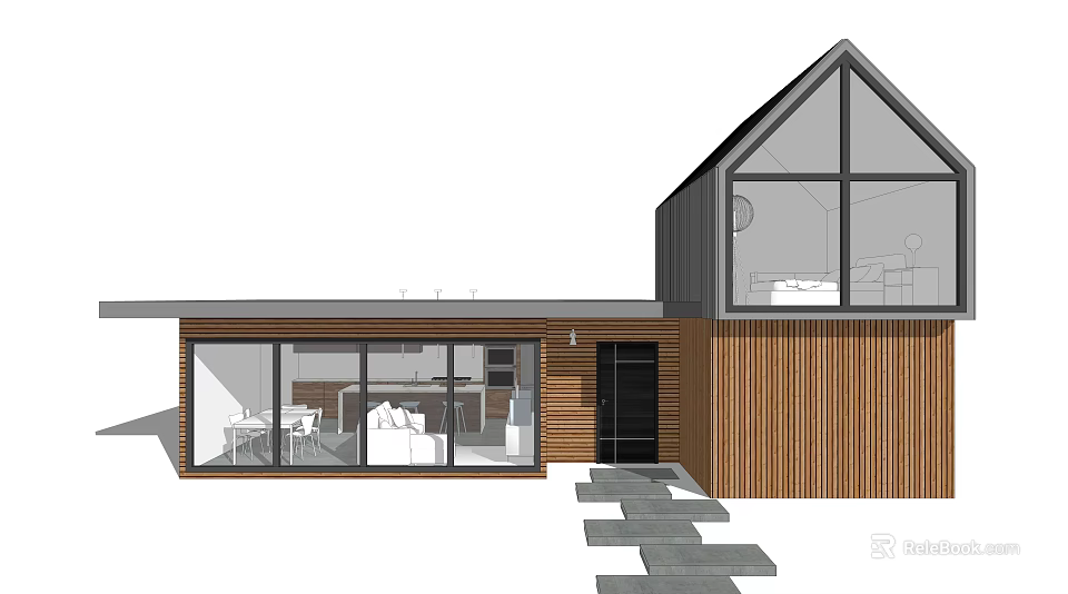 Modern Single Family House With Wooden Exterior Large Windows And Entry Steps 3d model 