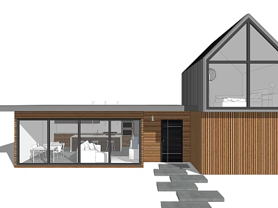 Modern Single Family House With Wooden Exterior Large Windows And Entry Steps 3d model