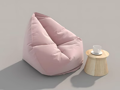 Pink Bean Bag Sofa And Wooden Coffee Table With White Cup On Top 3d model