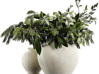 Two Decorative White Vases With Lush Green Plants And Fresh Flowers 3d model