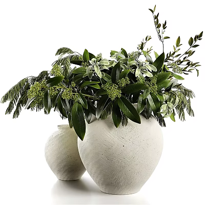 Two Decorative White Vases With Lush Green Plants And Fresh Flowers 3d model