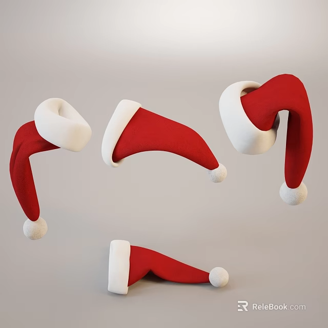 Red White Santa Hat With Pom Pom Trim In Multiple Positions 3d model 