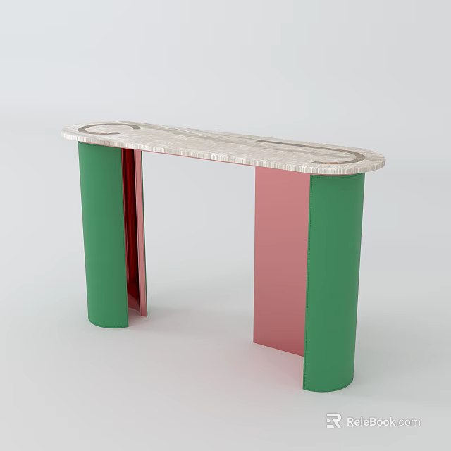 Modern Console Table With Marble Top Circular Patterns And Green Red Cylindrical Legs 3d model