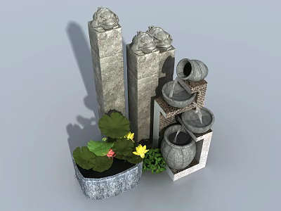 Stone Pillars And Tiered Water Features With Metal Basin And Lotus Leaves In Garden Decorations 3d model