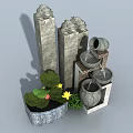 Stone Pillars And Tiered Water Features With Metal Basin And Lotus Leaves In Garden Decorations