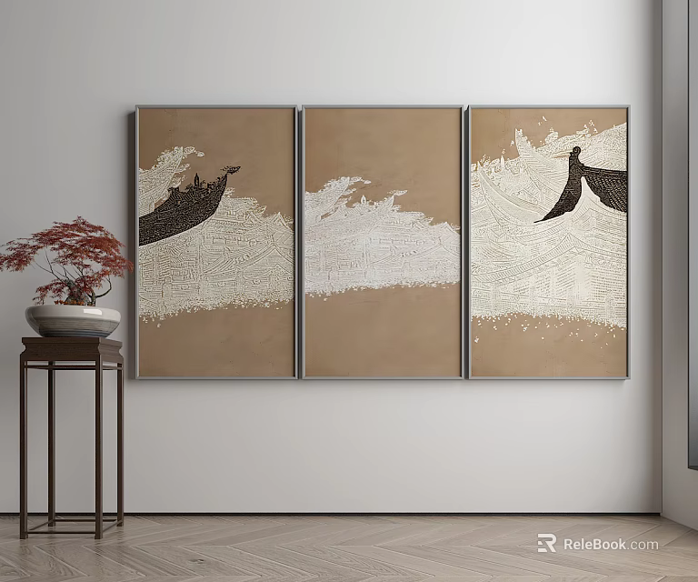 Abstract Triptych Wall Art With Light Wall And Red Leaf Plant On Small Table 3d model