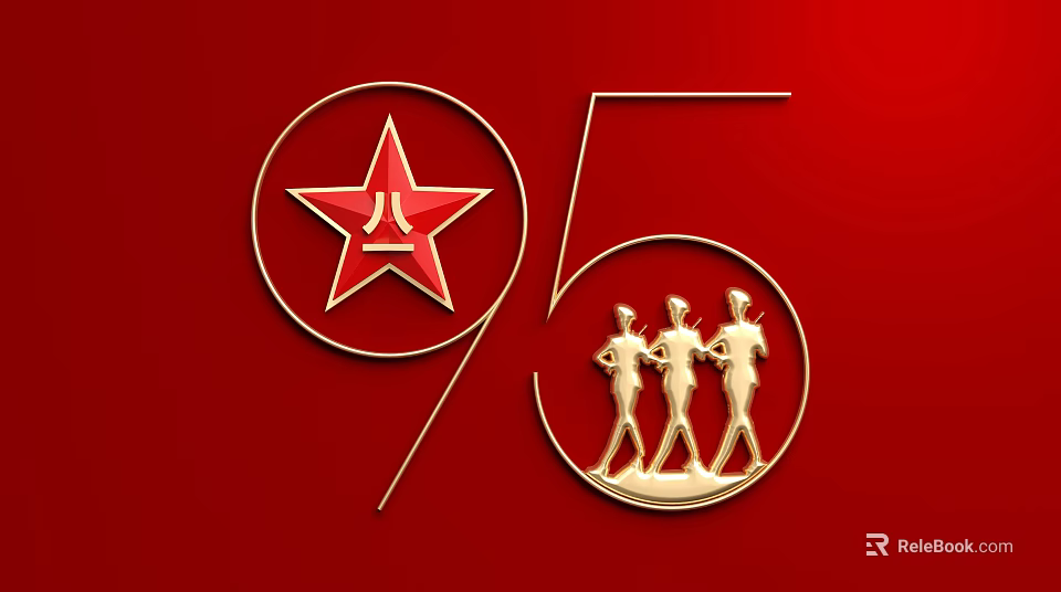 Red Background Wall Decor With Gold Five Pointed Star Number 95 And Soldier Silhouettes 3d model 