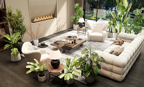 Mori Middle Ancient Literature Style Home Living Room Sofa Coffee Table Combination Coffee Table Single Sofa Plant Potted Plant 3d model