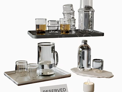 Glass Cups With Pitcher And Bottle On Marble And Metal Trays 3d model