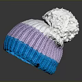 Colorful Knitted Winter Hat With Purple White Blue Sections And White Pom Pom