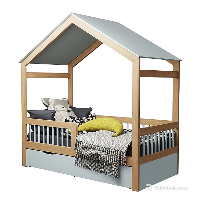 Cozy Kids Bed With Wooden Frame House Shaped Roof Soft Pillows And Storage Drawer 3d model 
