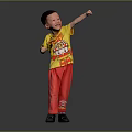 Man in Yellow T-Shirt and Red Pants Smiling While Extending Arm Against Black Background
