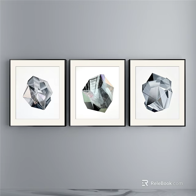 Abstract Paintings Featuring Geometric Polyhedron Shapes In Black Frames With Metallic Tones 3d model 