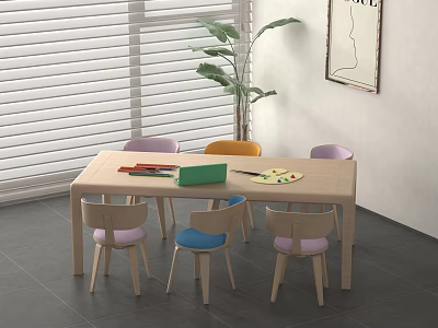 Kids Table with Colorful Crayons Green Notebook Palette and Pastel Chairs 3d model
