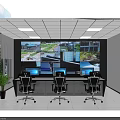 Modern Monitoring Room With Large Screen Wall Multiple Surveillance Feeds Control Desk And Computers