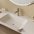 Modern Bathroom Sink Area With White Countertop Round Mirror And Skincare Products