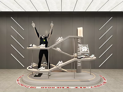 Modern Sneakers Store With Mannequin Display Sneakers On Staircase Rack And World 99 Logo 3d model
