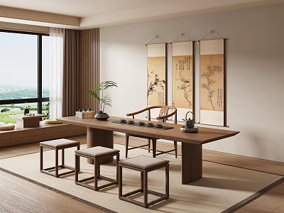 New Chinese Style Tea Room Tea Table and Chair Combination Solid Wood Tea Table and Chair Tea Room Cabinet Tea Tasting Area Tea Set Combination 3d model