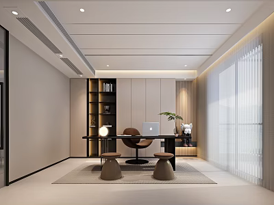 Modern Study Room Interior Design With Writing Desk Armchair Bookshelf Window Blinds And Potted Plant 3d model