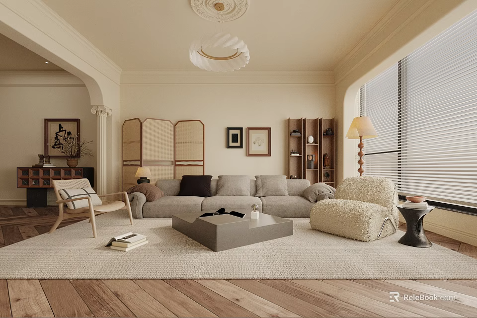 Modern Living Room Interior Design With Gray Sofa Coffee Table Wooden Screen And Floor Lamp 3d model 