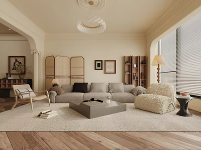 Modern Living Room Interior Design With Gray Sofa Coffee Table Wooden Screen And Floor Lamp 3d model