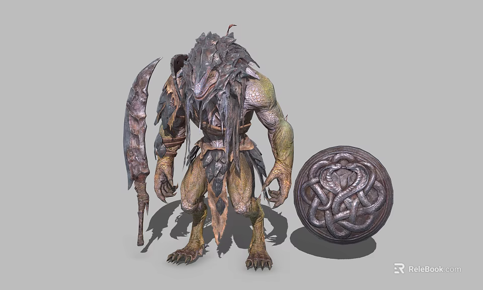 Mythical Game Movie Monster Character With Spiked Armor Scythe And Celtic Knot Shield 3d model 
