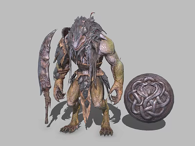 Mythical Game Movie Monster Character With Spiked Armor Scythe And Celtic Knot Shield 3d model
