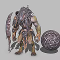 Mythical Game Movie Monster Character With Spiked Armor Scythe And Celtic Knot Shield 3d model
