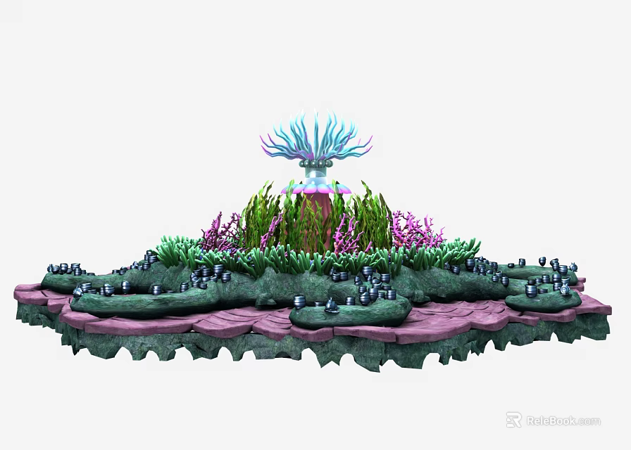 Cartoon Underwater Scene With Colorful Corals Green Seaweed And Small Fish 3d model 