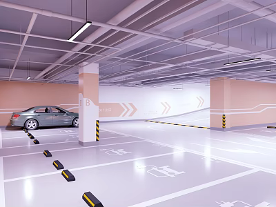 Well Lit Modern Parking Garage With Gray Floor Orange Columns Clear Lines And Speed Bumps 3d model