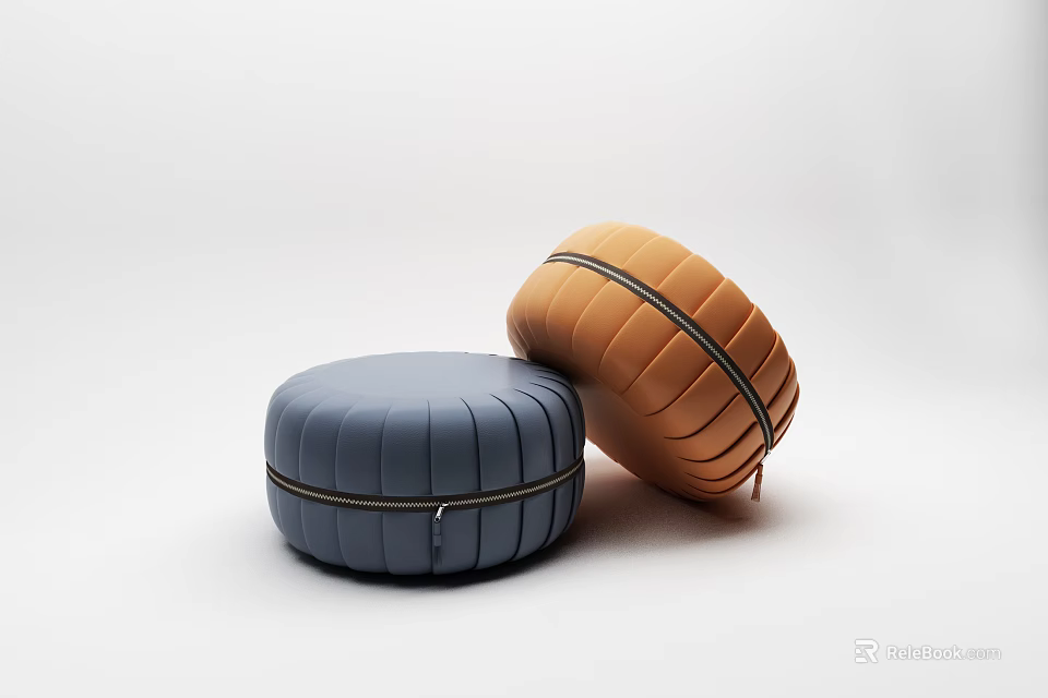 Round Blue and Orange Ottoman Stools with Stitched Leather Surface Design 3d model 