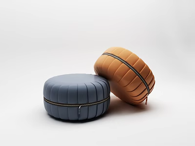 Round Blue and Orange Ottoman Stools with Stitched Leather Surface Design 3d model