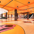 Basketball Court Interior With Orange Ceiling Red Orange Floor Basketball Hoops And Athlete Poster On Wall