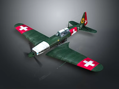 Vintage Green Military Airplane With Red Cross Markings On Wings And Fuselage Design 3d model