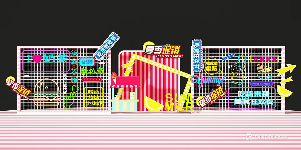 Vibrant Food Promotion Event With Snacks Ice Cream Neon Lights And Decorations 3d model 