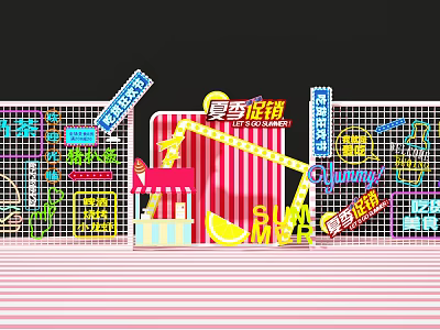 Vibrant Food Promotion Event With Snacks Ice Cream Neon Lights And Decorations 3d model