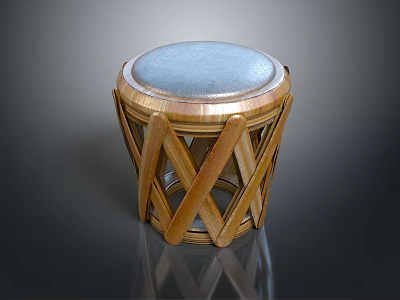 Wooden Woven Stool With Blue Padded Seat Handcrafted For Home Decor Use 3d model