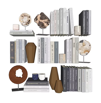 Stylish Books And Magazines Arranged With Geometric Sculptures And Decorative Accents 3d model