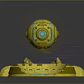 Golden Cosmic Exploration Device With Blue Circular Lens And Floating Glowing Elements 3d model