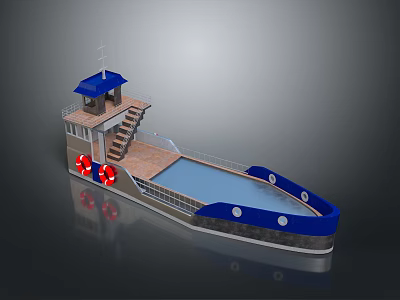 Blue Roofed Water Transport Vessel With Staircase Deck Pool Area And Red Lifebuoys 3d model