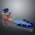 Blue Roofed Water Transport Vessel With Staircase Deck Pool Area And Red Lifebuoys