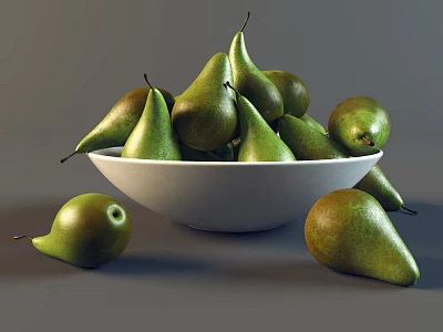 Fresh Green Pears In White Bowl With Scattered Fruits On Table Surface 3d model