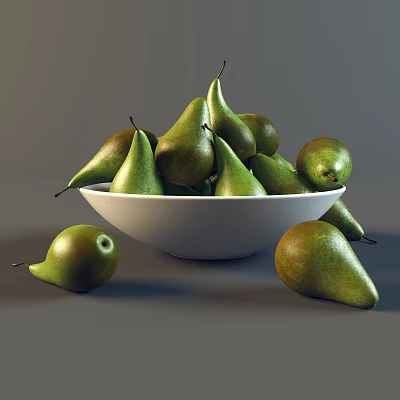 Fresh Green Pears In White Bowl With Scattered Fruits On Table Surface 3d model
