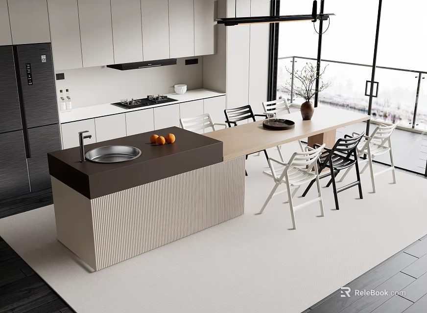 Elegant Modern Kitchen Bar Counter With Cabinets Table And Dining Chairs 3d model 