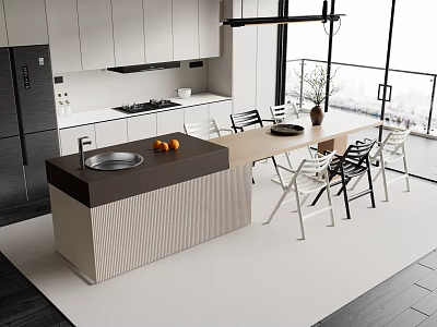 Elegant Modern Kitchen Bar Counter With Cabinets Table And Dining Chairs 3d model