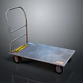Flat Metal Platform Truck with Rusty Handle Wheels and Yellow Caution Label 3d model
