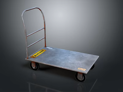 Flat Metal Platform Truck with Rusty Handle Wheels and Yellow Caution Label 3d model