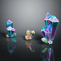 Glossy Colorful Stone Crystals In Purple Blue Yellow Hues With Black Background Reflections
